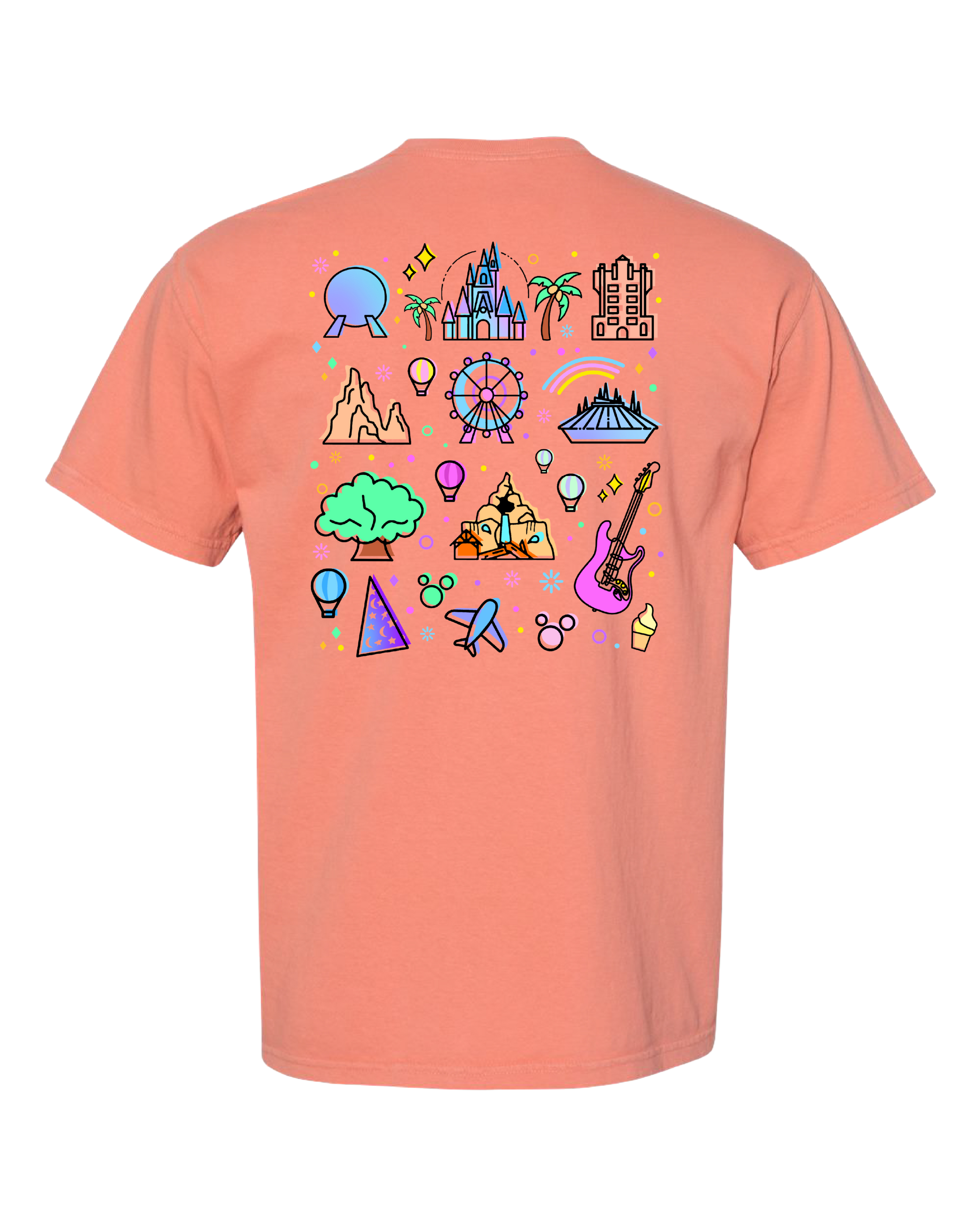 Peach t-shirt with colorful theme park icons, including castles, ferris wheel, guitar, and balloons